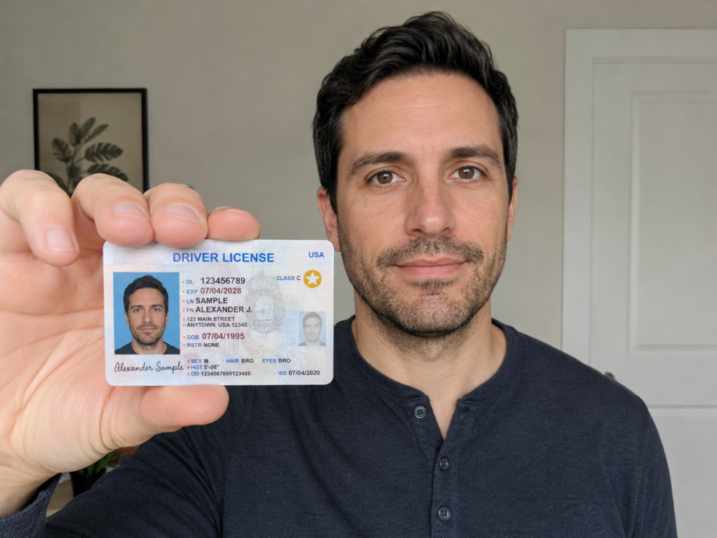 A young driver holding their driver's license.